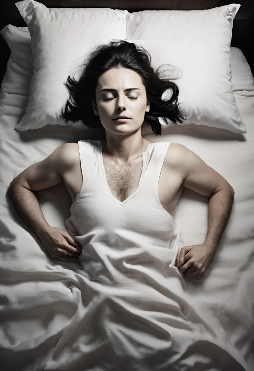 Sensation of Pressure in the Chest:

"Create an image of a person lying on a bed, with a heavy black shadow pressing on your chest. The person&#39;s expression is one of panic and despair, and the room is shrouded in an ominous gloom."