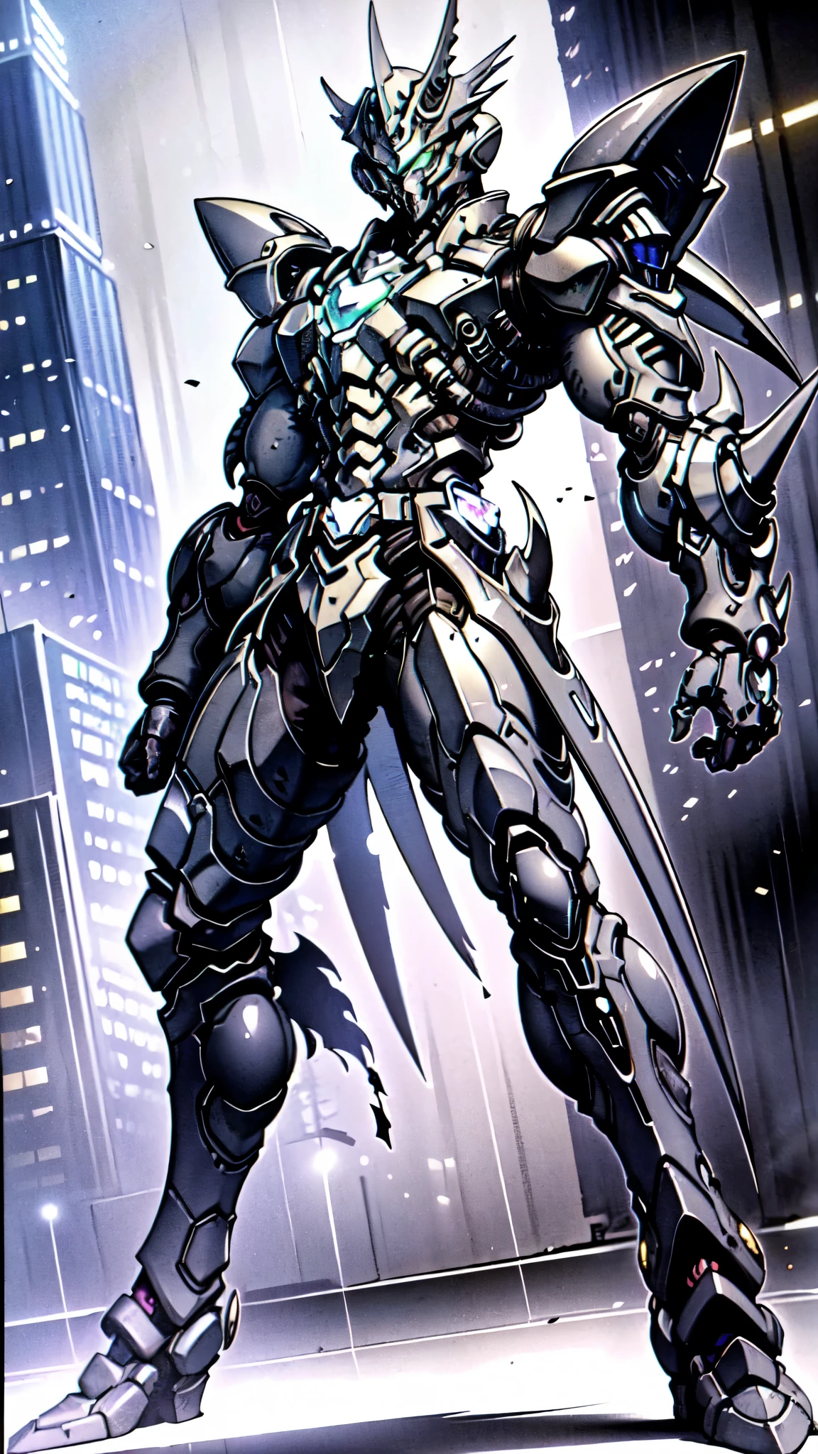 (masterpiece:1.5, best quality:1.5, extremely delicate:1.5, foreshortening:1.5, dynamic angle:1.5), a man wearing a full-face helmet, a fantasy-style biotech armored combat suit, green eyes, (a composite layered chest armor), fully enclosed shoulder guards, matching arm and leg guards, the belt is adorned with neon circuitry, (the color scheme is primarily white glow with red and blue accents), the design balances heavy with agility, a high-tech bio-mecha armor, (Armor Concept Inspired by neon Cyberpunk, stand on the top of a skyscraper in a futuristic sci-fi city), this character embodies a finely crafted fantasy-surreal style armored hero in anime style, exquisite and mature manga art style, (element, plasma, energy, the armor glows), ((male:1.5)), metallic, high definition, highres, ultra-detailed, ultra-fine painting, professional, perfect body proportions, golden ratio, anatomically correct, symmetrical face, extremely detailed eyes and face, high quality eyes, creativity, RAW photo, UHD, 32k, Natural light, cinematic lighting, masterpiece-anatomy-perfect