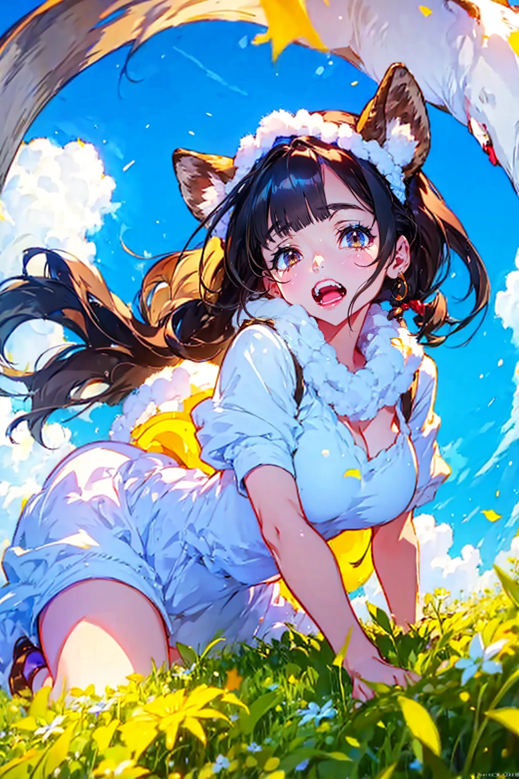 1girl,goat,cute,big breast,cleavage,fluffy clothes,like a goat girl,outdoor,sunshine
