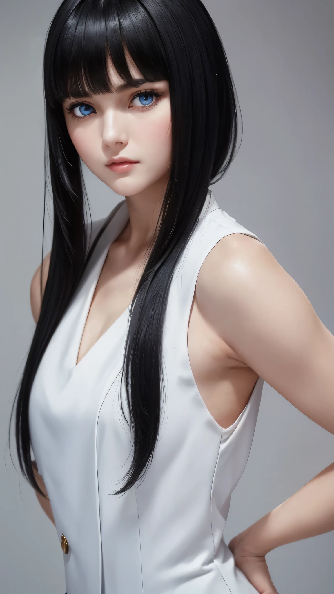 1 Female,black hair, ((Looks impatient)), Beautiful, White thin vest, good style, symmetrical clothes, (Facing forward), (Red cheeks, expression of contempt), (beautiful face), (((Upper body portrait))), blue eyes, (((The bangs are very even))), Sexy