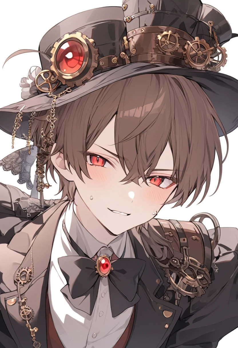 steampunk,1 male,silk hat,short hair,Red eyes,Brown Hair,tuxedo,Red brooch,