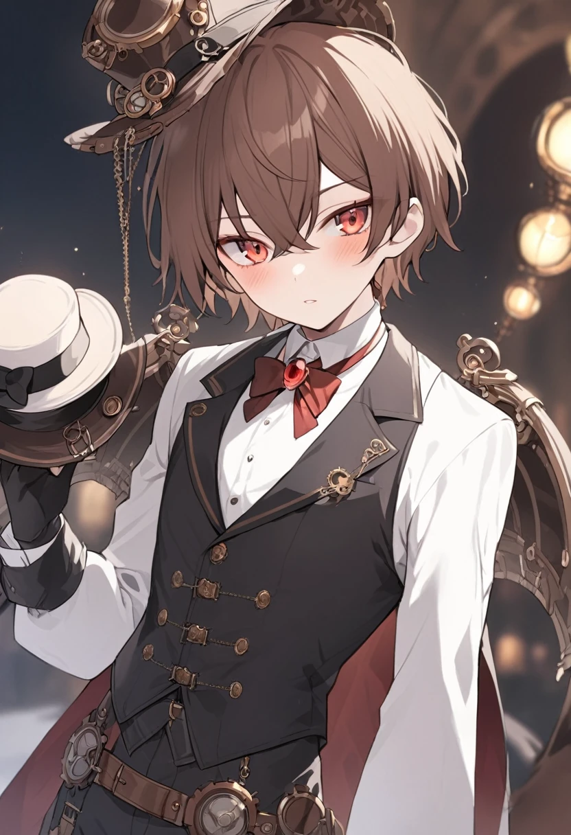 steampunk，1 male，silk hat，short hair，Red eyes，Brown Hair，tuxedo，Red brooch，