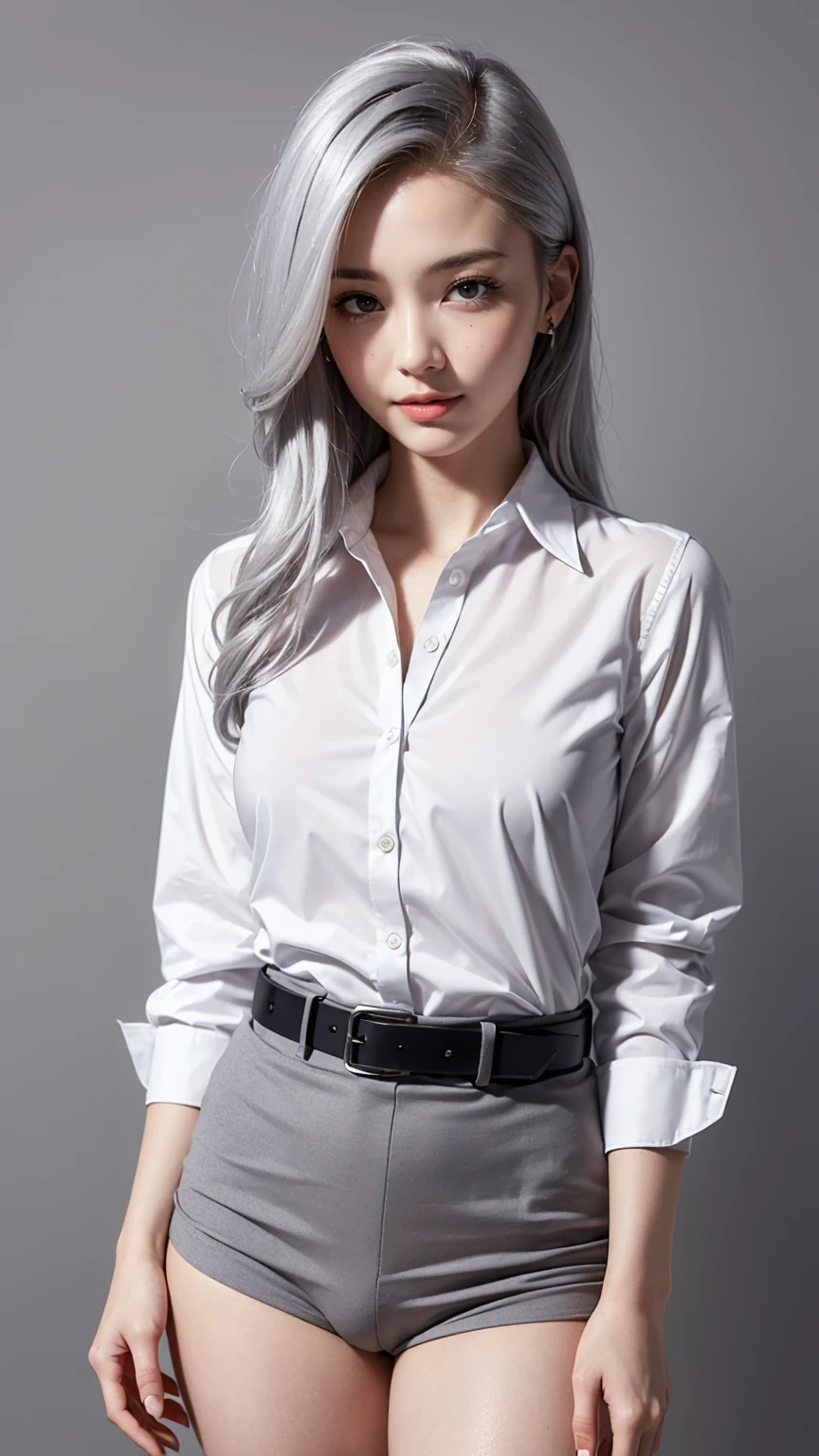Realistic, masterpiece, Highest quality, Highest Resolution, Anatomically correct, Accurate Anatomy, (Gray blank background:1.3), (1girl:1.3), 20-year-old, Height: 165cm, Shot from thigh up, (Thick thighs:1.2), (Long Hair, Straight Hair, Silver Hair:1.3), (Squint your eyes, Sharp Eyes, (Iris:1.2)), (Hidden eyelid wrinkles:1.2), Thin eyebrows, Draw eyelashes carefully, Natural Makeup, Pull your chin, Show some teeth, Grin, Slightly to the side, (Wear a suit over a shirt, Belts for women:1.3), (Barker's hood is not on:1.3), (Pose a random model:1.2)