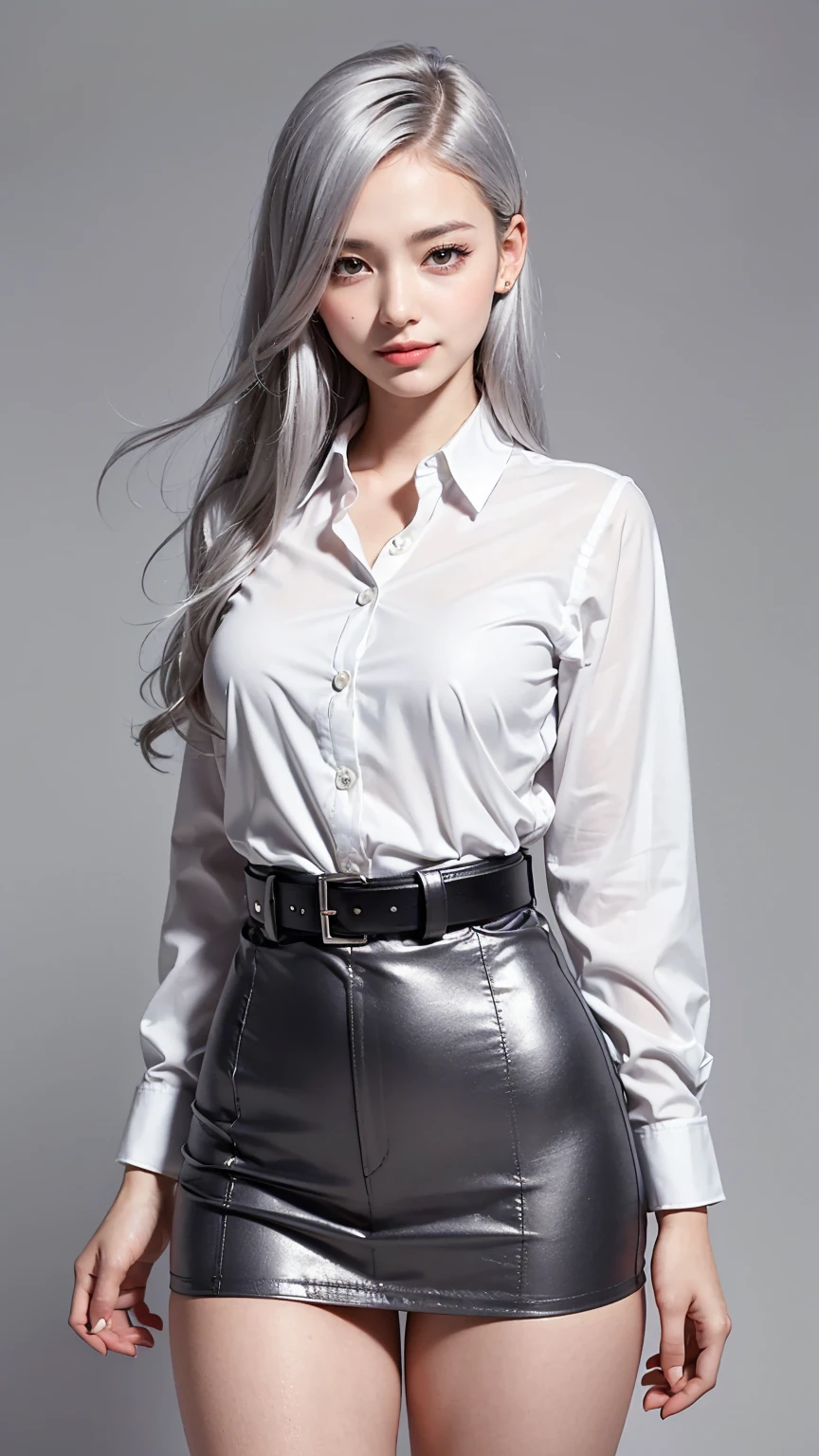 Realistic, masterpiece, Highest quality, Highest Resolution, Anatomically correct, Accurate Anatomy, (Gray blank background:1.3), (1girl:1.3), 20-year-old, Height: 165cm, Shot from thigh up, (Thick thighs:1.2), (Long Hair, Straight Hair, Silver Hair:1.3), (Squint your eyes, Sharp Eyes, (Iris:1.2)), (Hidden eyelid wrinkles:1.2), Thin eyebrows, Draw eyelashes carefully, Natural Makeup, Pull your chin, Show some teeth, Grin, Slightly to the side, (Wear a suit over a shirt, Belts for women:1.3), (Barker's hood is not on:1.3), (Pose a random model:1.2)
