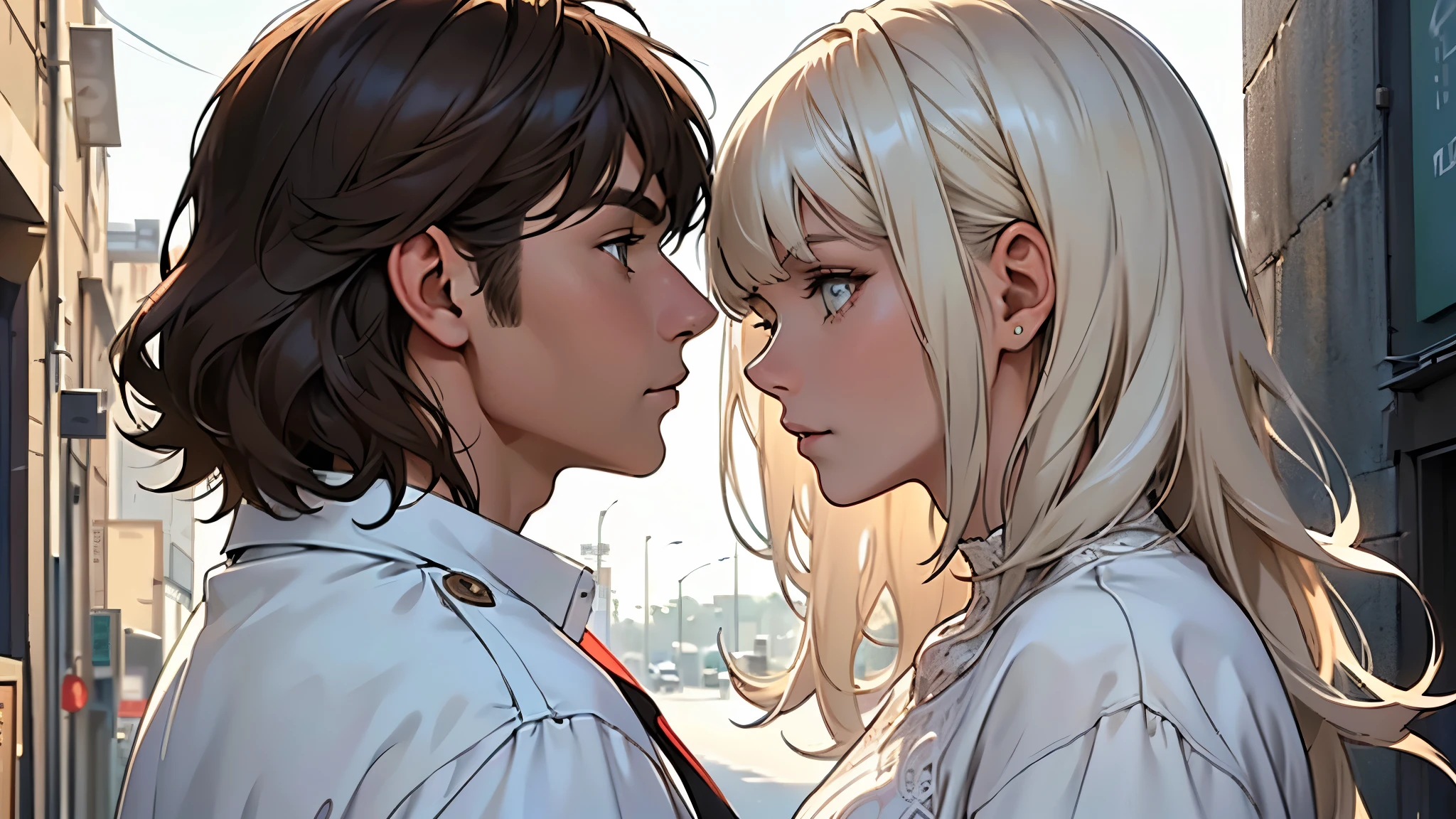 ((best quality)), ((work of art)), ((detailed)), young man with short white hair, casual clothing, in profile, staring at woman with long brown hair, bangs, wearing a white dress with a neckline, also in profile, staring back