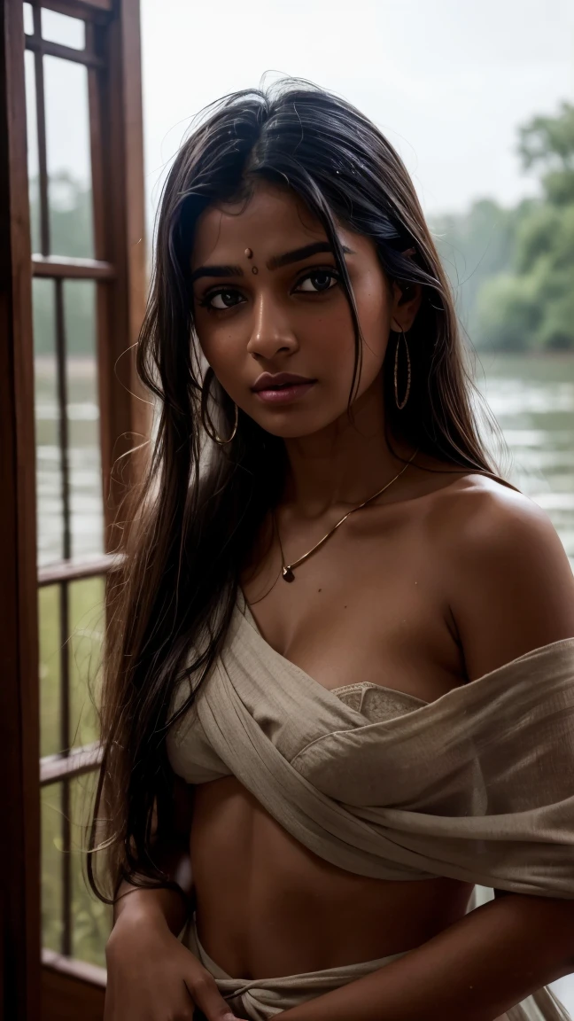 fille indienne, her cheveux ébouriffés a testament to the torrential rain that surrounds her. Beau, les yeux détaillés pétillent de joie alors qu&#39;elle regarde directement le spectateur, ses longues mèches attachées en un chignon soigné. She wears a casual t-chemise, légèrement transparent à cause de l&#39;humidité, et ses seins mi-ronds sont subtilement visibles sous. grosse *************** nue de dos qui pisse, très gros cul, taille fine, hanches très larges, les seins énormes dépassent, (la forme du visage ressemble à une indienne mignonne, peur), elle urine dans la rivière jambes écartées, paysage de forets réaliste avec torrent, elle montre son sex qui fait pipi