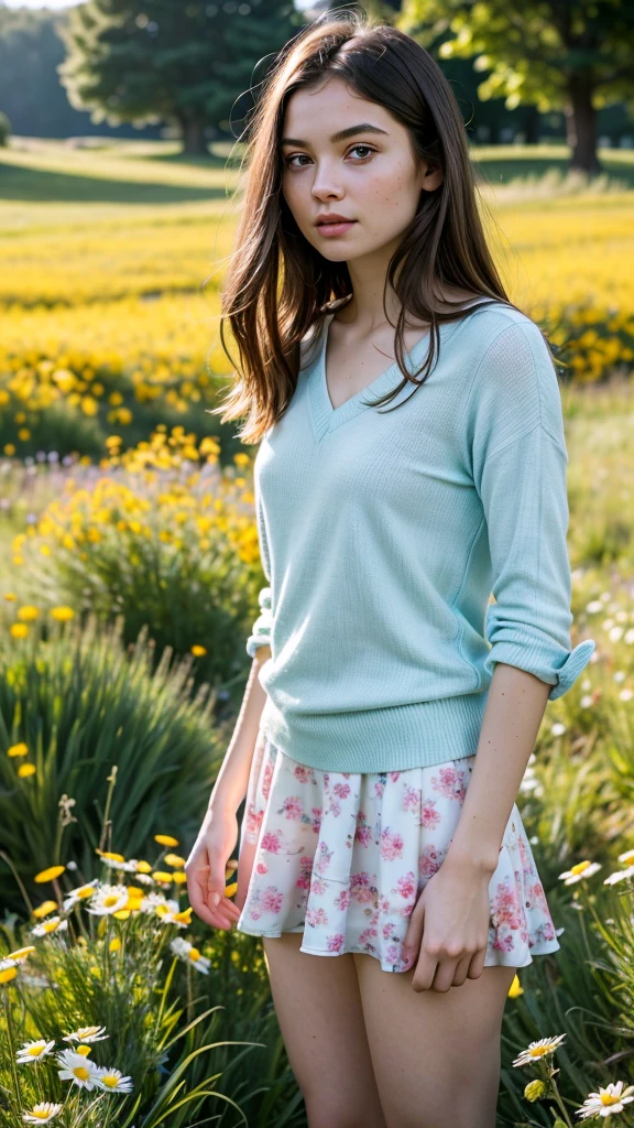 young woman:
young, beautiful, with pleasant facial features.
Dressed in a short skirt, which highlights her legs.
Her clothes and appearance can be elegant, sporty or casual - depending on your idea.
Her gaze may be directed somewhere into the distance, or she can look directly at the viewer, creating a sense of mystery.
A meadow:
Bright, Sunny glade, covered with many flowers.
Colors can be bright and contrasting, For example, blue, yellow, red.
You can add a variety of colors, For example, Wild Flowers, daisies, troubles.
atmosphere:
The combination of a bright and sunny meadow atmosphere with mystery.
The sky may be clear and blue, but with nebula, creating a sense of depth and mystery.
Lighting can be warm and soft, creating the effect of a sunny day.
Additional details:
young woman может быть окружена бабочками, birds, or other elements, which will emphasize the beauty and charm of the meadow.
You can add fantasy elements:
Flying flowers Sparkling dew drops Mythical creatures