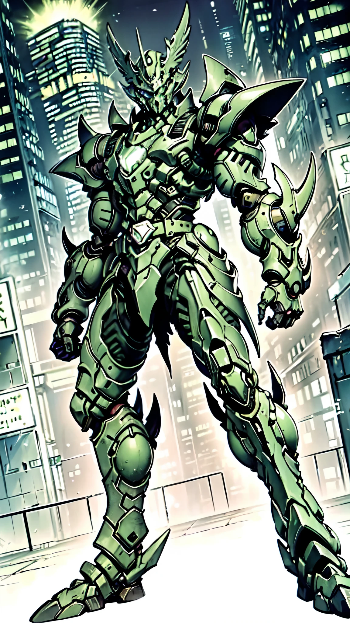 (masterpiece:1.5, best quality:1.5, extremely delicate:1.5, foreshortening:1.5, dynamic angle:1.5), a man wearing a full-face helmet, a fantasy-style biotech armored combat suit, green eyes, (a composite layered chest armor), fully enclosed shoulder guards, matching arm and leg guards, the belt is adorned with neon circuitry, (the color scheme is primarily red glow with green and white accents), the design balances heavy with agility, a high-tech bio-mecha armor, (Armor Concept Inspired by neon Cyberpunk, stand on the top of a skyscraper in a futuristic sci-fi city), this character embodies a finely crafted fantasy-surreal style armored hero in anime style, exquisite and mature manga art style, (element, plasma, energy, the armor glows), ((male:1.5)), metallic, high definition, highres, ultra-detailed, ultra-fine painting, professional, perfect body proportions, golden ratio, anatomically correct, symmetrical face, extremely detailed eyes and face, high quality eyes, creativity, RAW photo, UHD, 32k, Natural light, cinematic lighting, masterpiece-anatomy-perfect