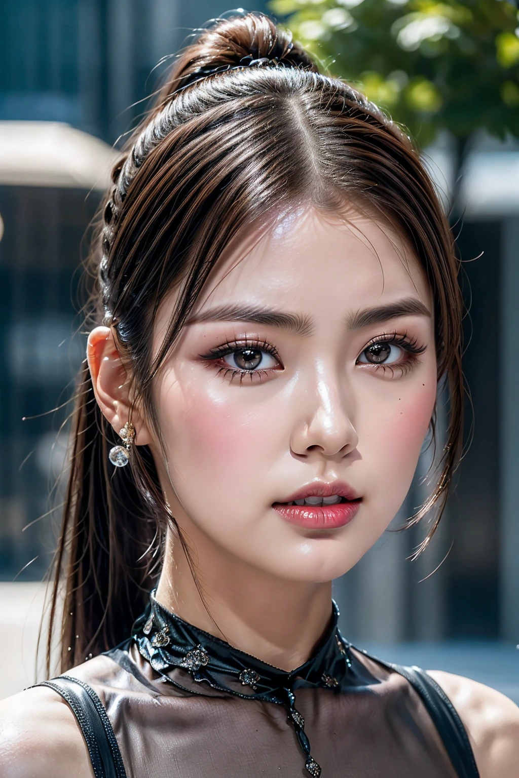 photorealism 16K realism ultra resolution quality, (Ultra-realistic proportional body, anatomically correct), (the most absurd quality perfect eyes), (intricately detailed beautiful face), (light pale complexion). BREAK, (ultra perfect eyes with absurd quality, extremely detail, ultra resolution, clear sharp focus, not blurry. Realistic brown_eyes:1.35), (finely quality, perfect round eyes), (finely detailed pupils), pink_makeup:1.3, red_lipstick:1.25, eyeliner, (perfect dark_eyeshadows:1.35), beautiful cheekbones, dramatic lighting, ((perfect composition)), pale skin, (dry skin), sexy stylish Korean model, only 1 female, (sexy doll-like appearance), ((hair combed smoothly:1.4)intricately detailed:1.4), ((tied in a high ponytail:1.45)), ((sexy Lolita cosplay:1.25)), unconventional skirt, petticoats, ((detailed embroidery)), (transparent PVC in the shade of green), ((Shiny purple Transparent Holographic Full Bodysuit: 1.2)), cinematic light, detailed background of a large park with trees, dynamic pose、(shot to the knees), ((no decorations in the hair)), (dark shot:1.1), (firm normal full breasts),