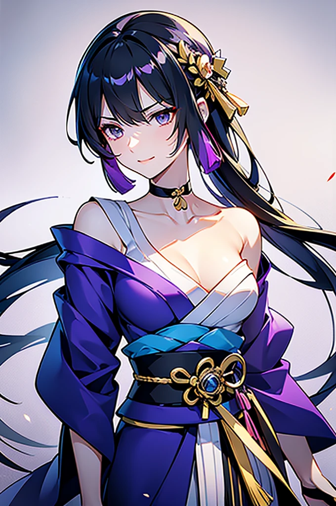((roll up bandage sideways on a  chest tightly to cover the chest without gaps)), the bantage is no chest shape, flat chest, Japanese Gangster BOSS, adult woman with the dignified presence, Killing Qi, wear nothing around shoulder, wear nothing around neck, wear the kimono, wear it below the waist, (I wind it up to control it, and to attach it),  ((kimono come off)) ,wear the kimono multiple times, Bare shoulders and the clavicle, black and gold kimono, put on over jacket of kimono, (holding a japanese sword which shine in purple, The handole of the sword is black, and the blade is gray, long sword), eye fire, low angle, whole body, bandage is seen, anime character, Glaring, off sholder, nappropriate smile, Excellent, black blue hair, can see both shoulder, long hem, small face