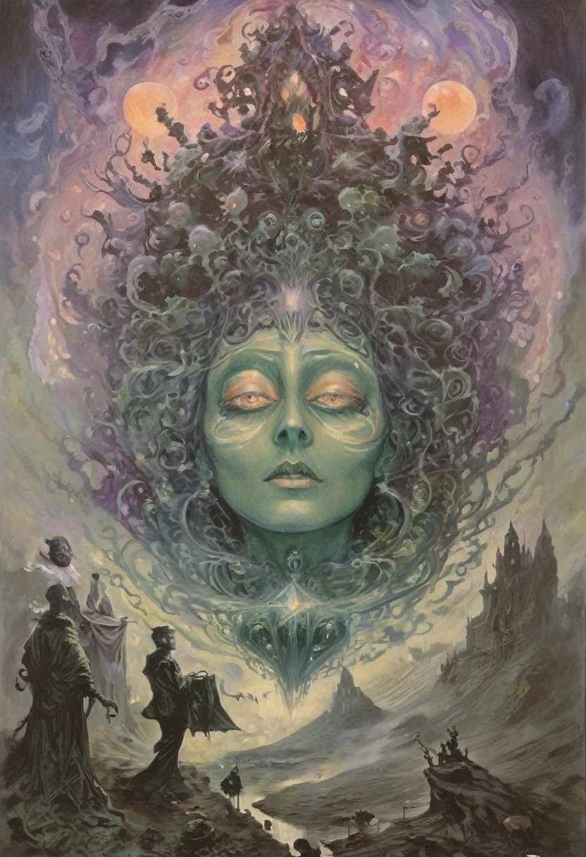 Maleficent Presence Hallucination:
"Show a person paralyzed in bed, with wide eyes, while a malevolent, nebulous presence floats above her. The entity has a spectral and frightening appearance, with tentacles or arms extended toward the person."