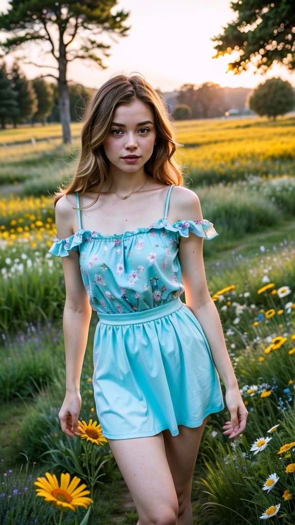 young woman:
young, beautiful, with pleasant facial features.
Dressed in a short skirt, which highlights her legs.
Her clothes and appearance can be elegant, sporty or casual - depending on your idea.
Her gaze may be directed somewhere into the distance, or she can look directly at the viewer, creating a sense of mystery.
A meadow:
Bright, Sunny glade, covered with many flowers.
Colors can be bright and contrasting, For example, blue, yellow, red.
You can add a variety of colors, For example, Wild Flowers, daisies, troubles.
atmosphere:
The combination of a bright and sunny meadow atmosphere with mystery.
The sky may be clear and blue, but with nebula, creating a sense of depth and mystery.
Lighting can be warm and soft, creating the effect of a sunny day.
Additional details:
young woman может быть окружена бабочками, birds, or other elements, which will emphasize the beauty and charm of the meadow.
You can add fantasy elements:
Flying flowers Sparkling dew drops Mythical creatures