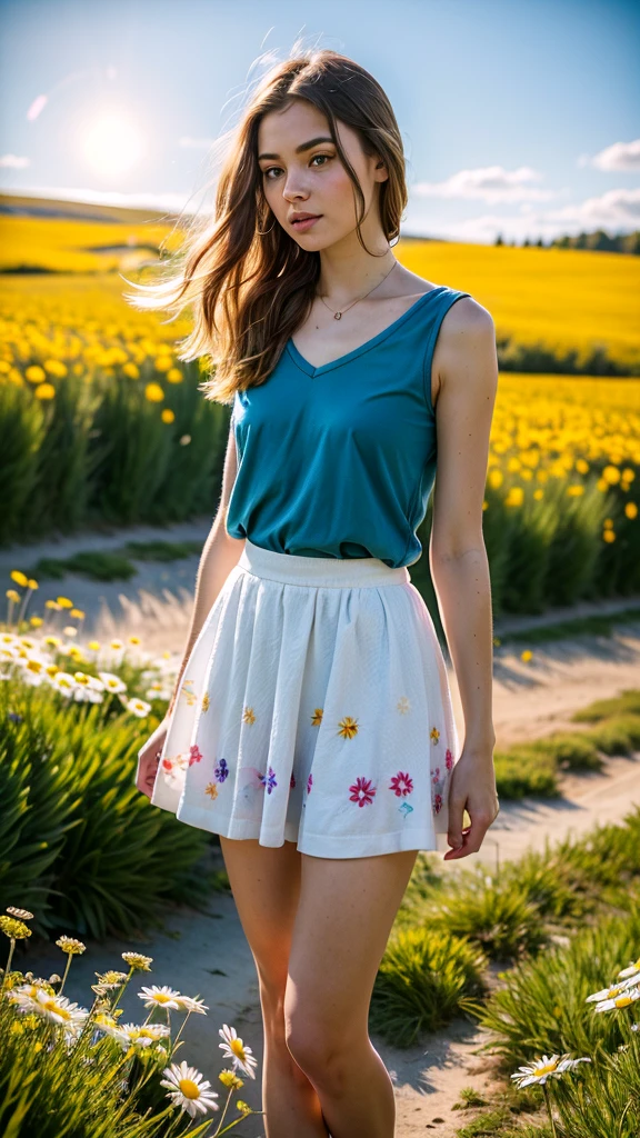 young woman:
young, beautiful, with pleasant facial features.
Dressed in a short skirt, which highlights her legs.
Her clothes and appearance can be elegant, sporty or casual - depending on your idea.
Her gaze may be directed somewhere into the distance, or she can look directly at the viewer, creating a sense of mystery.
A meadow:
Bright, Sunny glade, covered with many flowers.
Colors can be bright and contrasting, For example, blue, yellow, red.
You can add a variety of colors, For example, Wild Flowers, daisies, troubles.
atmosphere:
The combination of a bright and sunny meadow atmosphere with mystery.
The sky may be clear and blue, but with nebula, creating a sense of depth and mystery.
Lighting can be warm and soft, creating the effect of a sunny day.
Additional details:
young woman может быть окружена бабочками, birds, or other elements, which will emphasize the beauty and charm of the meadow.
You can add fantasy elements:
Flying flowers Sparkling dew drops Mythical creatures