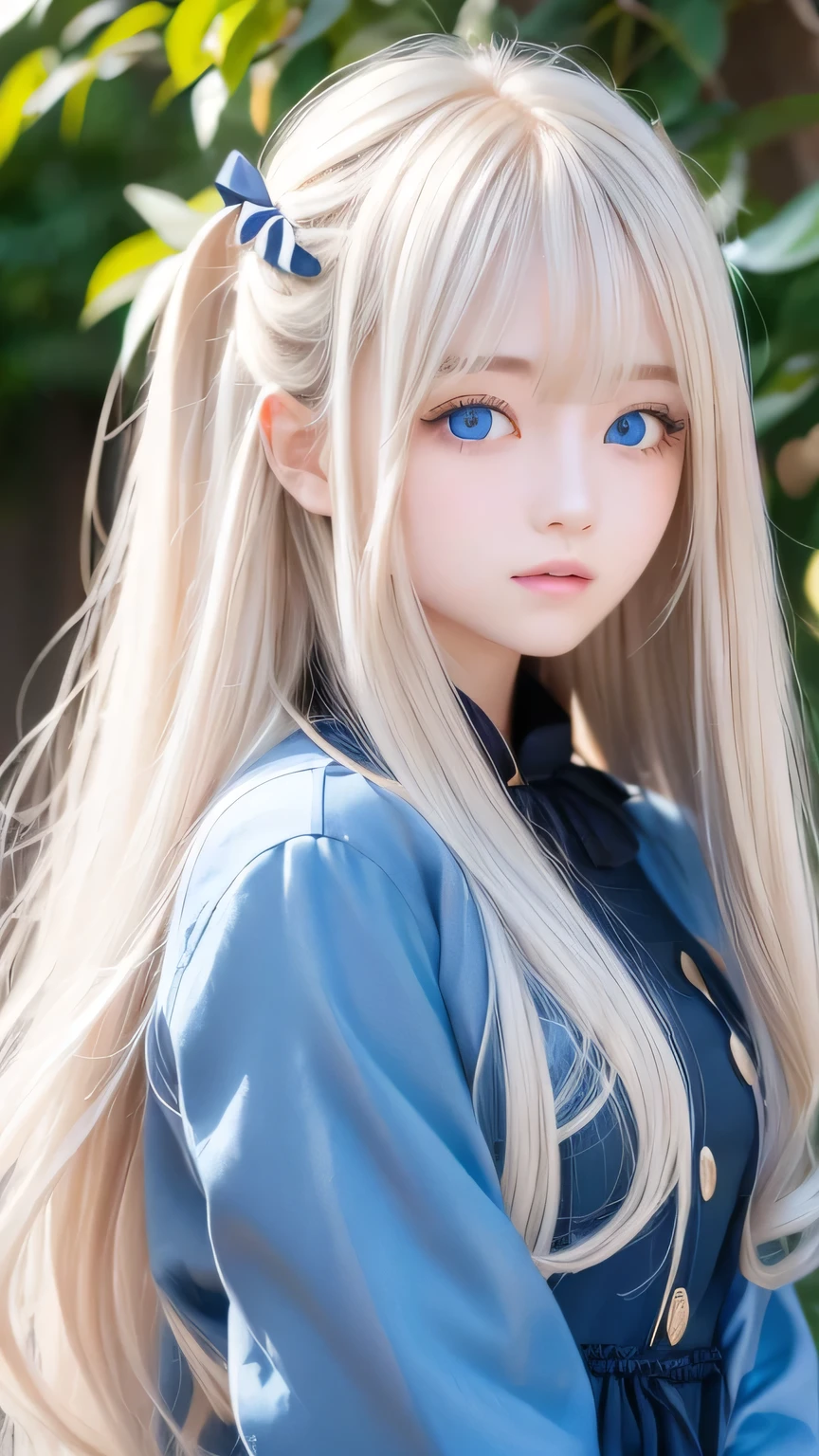 Very beautiful face、Super Long Hair、windy silky blonde super long hair、Swinging bangs、19 year old cute sexy blue eyed blonde girl、Hair above the eyes、片Hair above the eyes、Hair between the eyes、Big bright blue eyes that sparkle so beautifully、eyeliner、Bright expression、