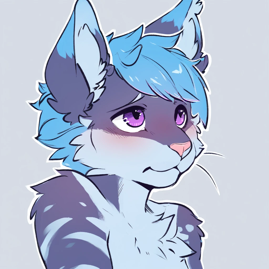 adult, feline, mammal, anthro, anthropomorphic, cat, striped, fur, striped_feline, fur, furred_anthro, femboy, male, cerulean_hair, fluffy, ears, azure_blue_ears, purple_eyes, cerulean_hair, expressive eyes, feline_ears, azure_blue_fur, light_blue_chest, shy, small_pupils, digital_art, high_resolution, high_res, hand-drawn, pencil_lines, head_visible, neck_visible, white_outline, detailed_line_work, profile_picture, head_visible