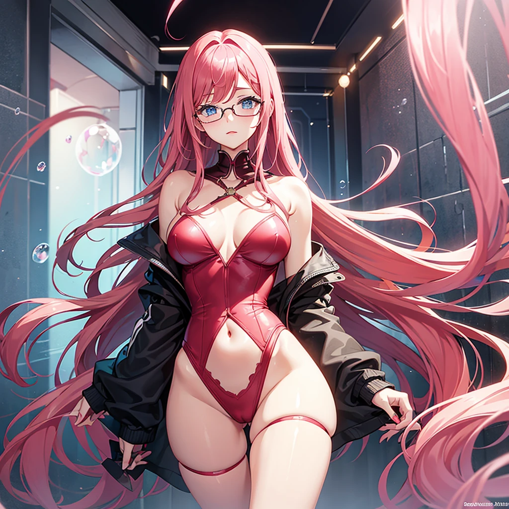 pinkish red locks that stop at her shoulders, dull lifeless blue eyes, and bright pink lips, hourglass figure, big thighs, nice bubble butt, small breasts, glasses,