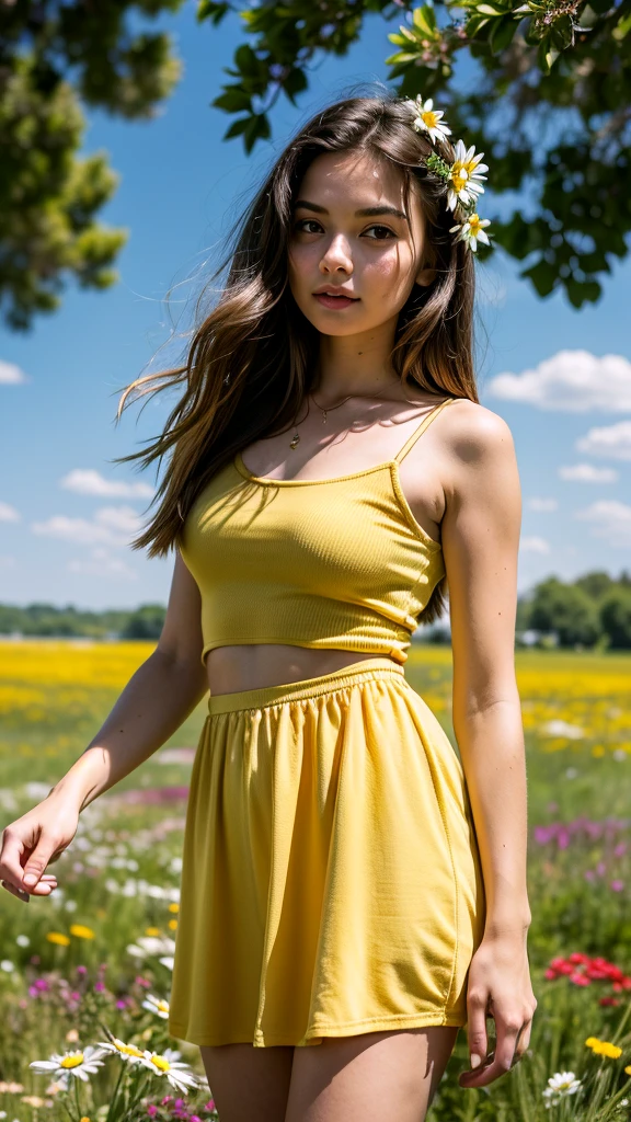young woman:
young, beautiful, with pleasant facial features.
Dressed in a short skirt, which highlights her legs.
Her clothes and appearance can be elegant, sporty or casual - depending on your idea.
Her gaze may be directed somewhere into the distance, or she can look directly at the viewer, creating a sense of mystery.
A meadow:
Bright, Sunny glade, covered with many flowers.
Colors can be bright and contrasting, For example, blue, yellow, red.
You can add a variety of colors, For example, Wild Flowers, daisies, troubles.
atmosphere:
The combination of a bright and sunny meadow atmosphere with mystery.
The sky may be clear and blue, but with nebula, creating a sense of depth and mystery.
Lighting can be warm and soft, creating the effect of a sunny day.
Additional details:
young woman может быть окружена бабочками, birds, or other elements, which will emphasize the beauty and charm of the meadow.
You can add fantasy elements:
Flying flowers Sparkling dew drops Mythical creatures