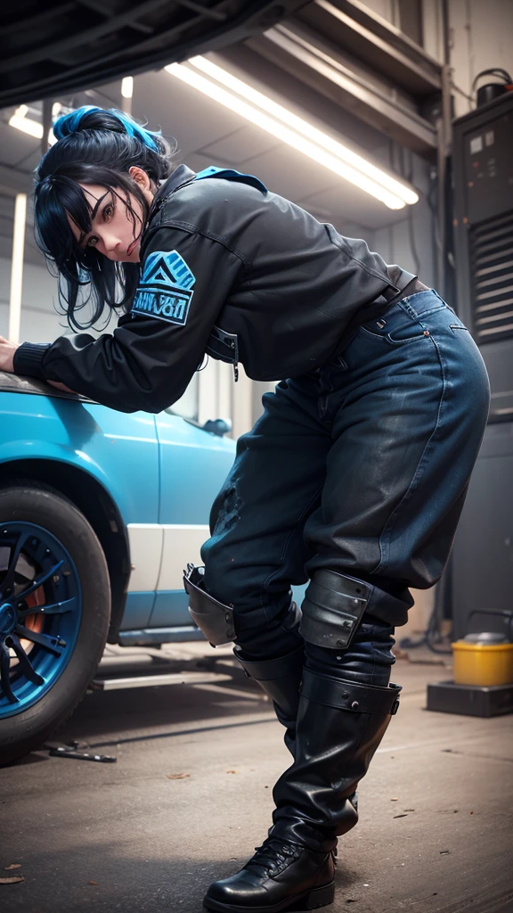 create 5 NFTs related to mechanics with black and blue colors with normal clothes dirty with grease as if they were working,each with a variety of colors and style and function