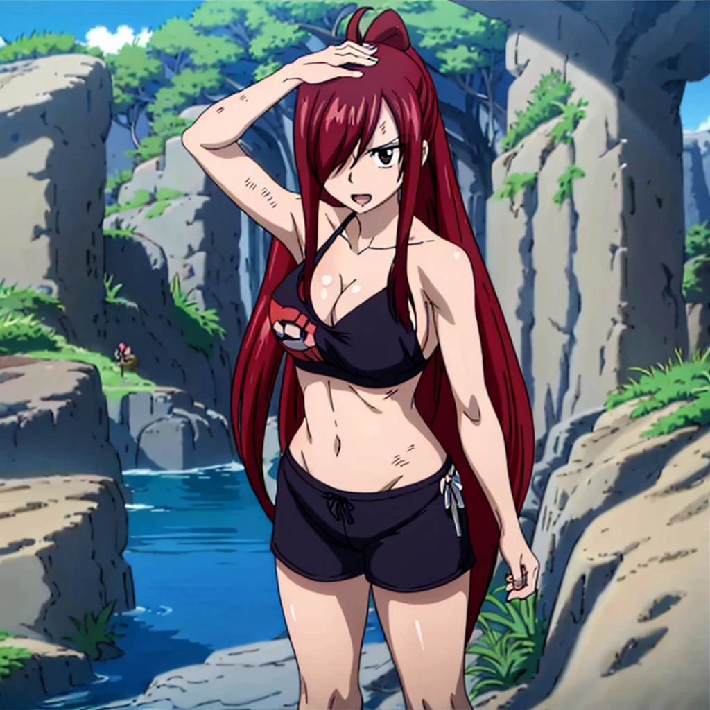 masterpiece, anime style, beach, best quality, highres, fairy tail, 1girl, long hair, ponytail, reddish hair, (bang cover one eye, one hidden eye, brown eye), large breasts, collarbone, midriff, black bikini, standing, outdoors, smile, open mouth, emo hair, thick arms, broad shoulders, mature woman, (tall),