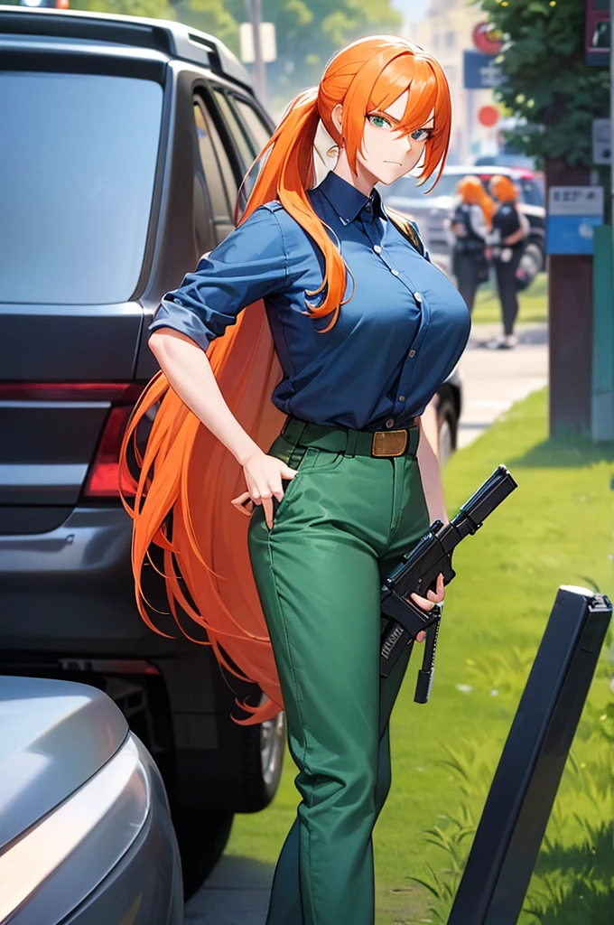 masterpiece, 1 mature woman, long orange hair, hair in ponytail, Looking down at camera, green eyes, frowning, blue police uniform, outside background, traffic stop, blue cop outfit, pants, gun on side, ink drawing
