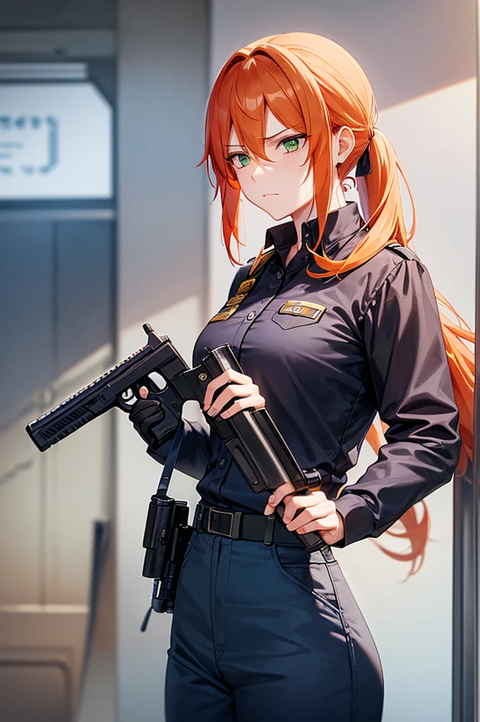 masterpiece, 1 mature woman, long orange hair, hair in ponytail, Looking down at camera, green eyes, frowning, blue police uniform, outside background, traffic stop, blue cop outfit, pants, gun on side, ink drawing