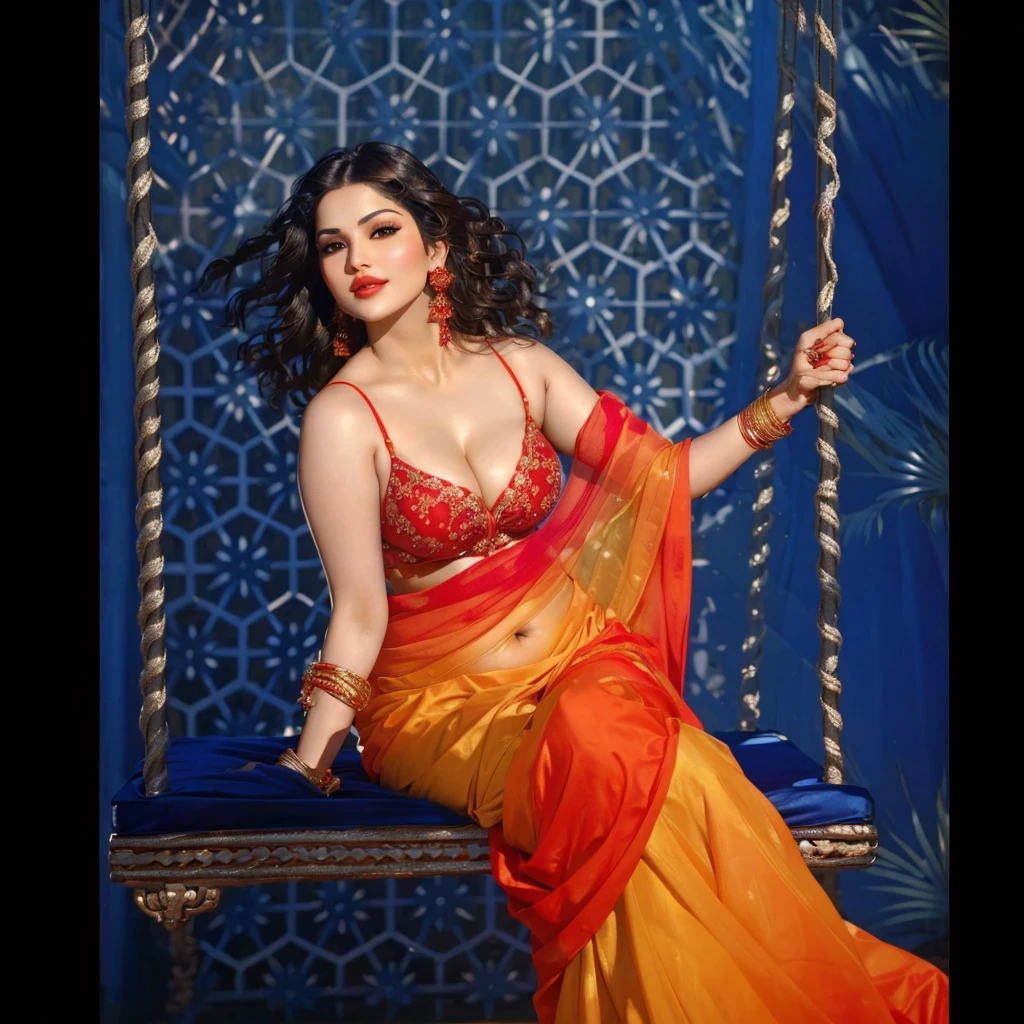 a woman in a red and orange sari sitting on a swing, sunny leone, very seductive pose, sexy movie photo, sari, dressed in a sari, inspired by Raja Ravi Varma, sensuous, movie stills, seductive pose, movie stills photography, indian goddess, gorgeous woman, bollywood, she is dressed as a belly dancer, hot fire goddess, print ready, big , cleavage show