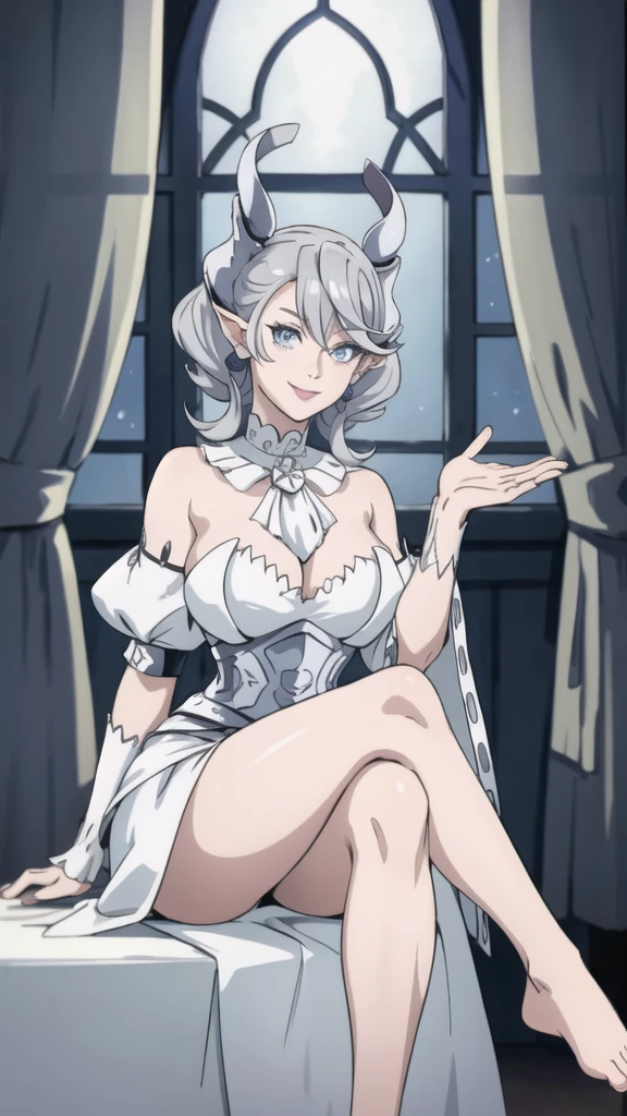 Beautiful arts wallpaper moonlight Outside castle top  High level image quality　best image quality　8K　 adult woman   silver castle hall  more colors   whole body view　portrait　 wearing pure white Goddess dress  　horn    ears  　short hair（（shortcut）（gray hair）（perm）（fluffy））　eye color is blue ,   evil face , face detailed , face fixed , smile      ,  labrynth       , barefoot , teasing with her breast,   , sitting with crossed legs on piano , looking at the windows , stovie , crystal chandaglier , white curtains 
