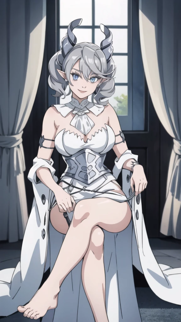 Beautiful arts wallpaper moonlight Outside castle top High level image quality best image quality 8K adult woman silver castle hall more colors whole body view portrait wearing pure white Goddess dress horn ears short hair((shortcut)(gray hair)(perm)(fluffy)) eye color is blue , evil face , face detailed , face fixed , smile , labrynth , barefoot , teasing with her breast, , sitting with crossed legs on piano , looking at the windows , stovie , crystal chandaglier , white curtains