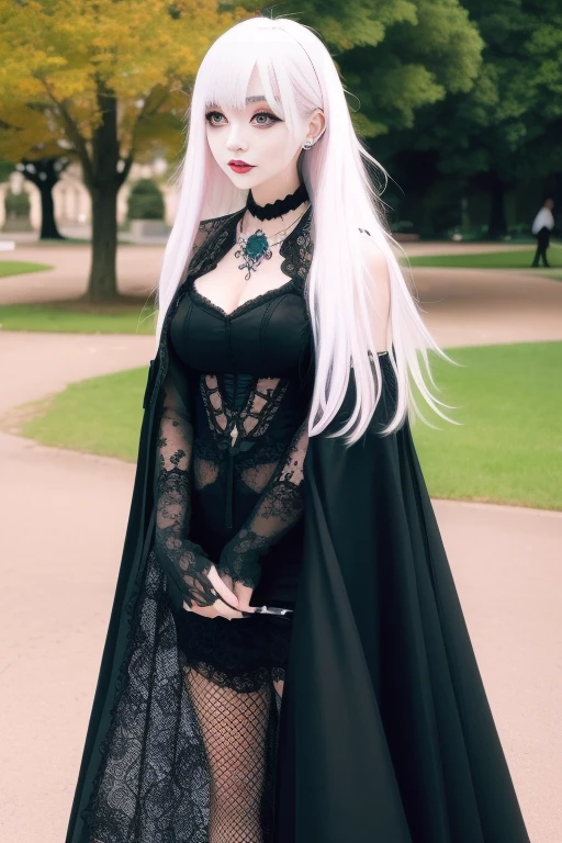 In a beautiful park a modern looking woman. It has a very colorful and striking kawaii gothic style.., with elegant makeup and a colorful wig.