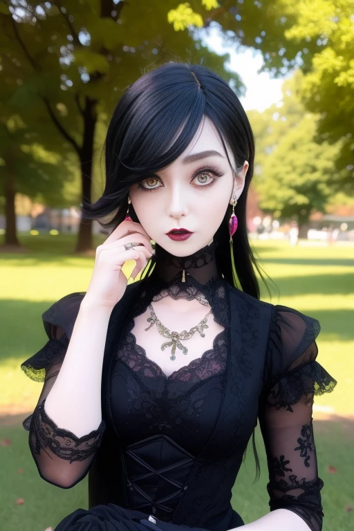 In a beautiful park a modern looking woman. It has a very colorful and striking kawaii gothic style.., with elegant makeup and a colorful wig.