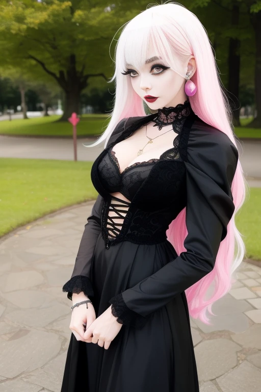 In a beautiful park a modern looking woman. It has a very colorful and striking kawaii gothic style.., with elegant makeup and a colorful wig.