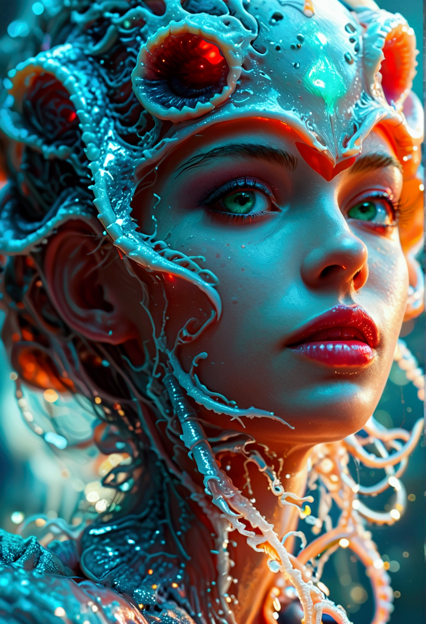(A portrait of one beautiful and obscene female alien who is a young teenager:1.4), ((There is a female genital-like organ in the middle of her forehead:1.8)), (realistic face:1.2), (Numerous award-winning masterpieces, with incredible detail, textures and maximum detail), artistic photography, midnight aura, unreal engine 5, Ultra Sharp Focus, art by Amano Yoshitaka, ArtGerm, Roisch, intricate artwork, ultra realistic realism, high resolution, High freshness, drawing faithfully, official art, Unity 8K Wall paper, ultra detailed artistic photography, dream-like, Creation of fantasy, dream Snail, (biopunk nautilus:1.3),Thrilling color schemes, seductively smiling, Amazing mutation, well-proportioned body, goddess of the deep sea, fractal, Geometric pattern, impossible figures, (translucent white tentacles with luminescent organs:1.4), subtle emerald green accents, (smiling seductively:1.3),(She has the most beautiful face in the history of the universe:1.5), Penelope Cruz, (she is looking down at viewers with glowing iridescent eyes with no pupils:1.3), an evil gaze that seduces, cinematic lighting, (Vampire-like long canine teeth can be glimpsed through the gap between the cute lips:1.3), in the hall of the palace, Sweet breath is exhaling from beautiful lips, ecstatic expression, (Climax expression during intercourse:1.5)