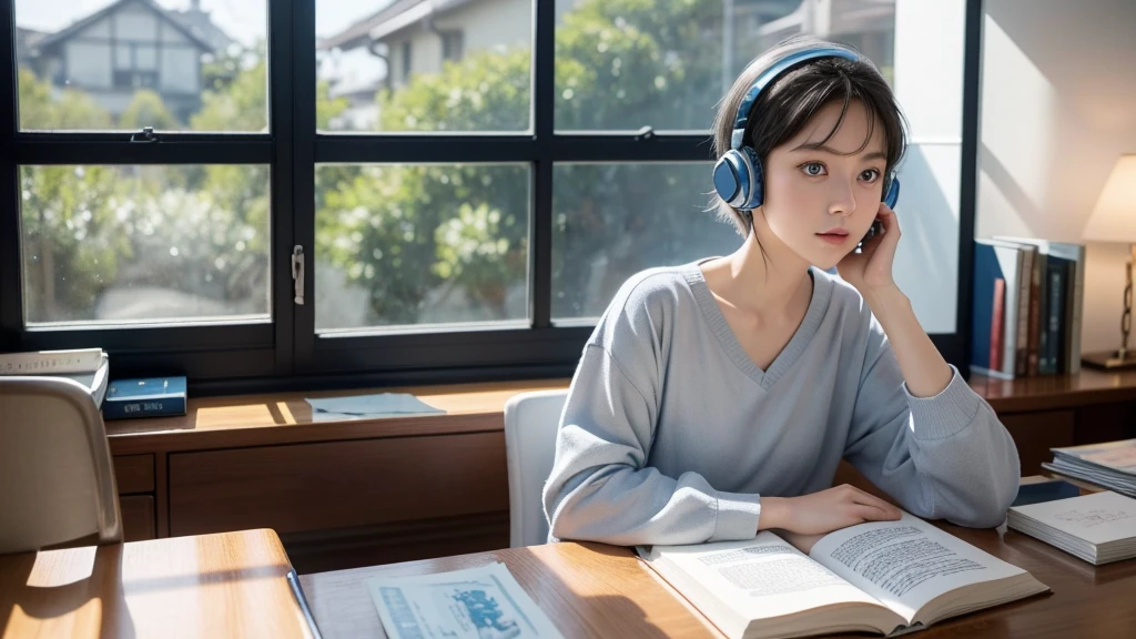 ghibli style, Hayao Miyazaki, blue eyes, gray hair, Sky background outside the window, looking the viewer, shirt, Short hair, modern style house, solo, upper body, portrait of, sit at the desk and study, sweet girl wearing headset, Lots of books in the room