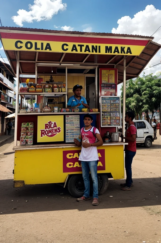 A photo in a town in Colombia working at a fast food cart