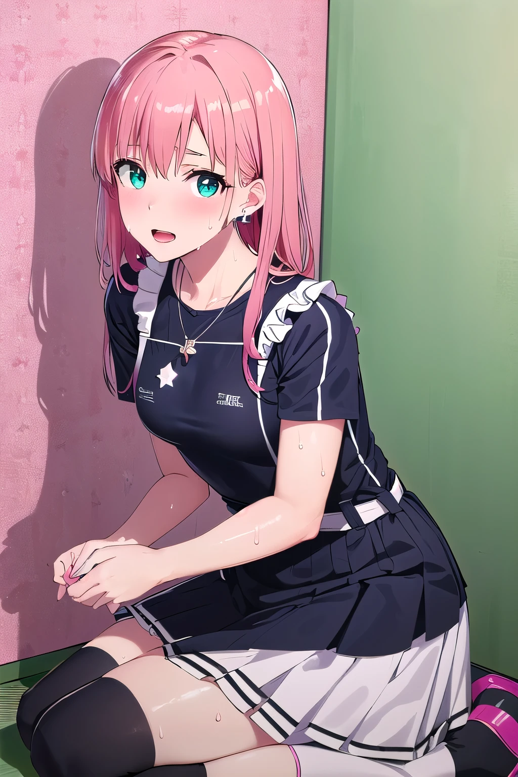 (8K, top-quality, masterpiece:1.2), (reallistic, Photorealsitic:1.37), Super Detail, One girl,), (Highly detailed), (beautifully detailed eyes), (of the highest quality), (super detailed ), (masterpiece), (Detailed face),20yr old, ,1 girl, ((pink hair,long hair)), medium breasts, clothed, Perfect Lighting, BREAK, (shiny neon pink green blue:1.5), (gradient color dress:1.4), (stars hearts glitter pattern:1.3), (glossy wet suit fabric:1.5), (short puffy sleeved bolero:1.2), (sheer lace trimmed camisole:1.2), (frilly sleeves sweetheart neckline blouse:1.3), (mini pleated skirt with apron belt:1.3), (bodycon fit silhouette:1.3), (knee high socks with frills:1.2), (clear platform loafers:1.2), (ribbon choker with charm:1.2), (star earrings heart necklace:1.2), (girly accessories:1.2), BREAK, (high quality:1.5), (upper body to knees:1.3), (long pink hair half up:1.2), (gentle smile:1.2), (slight blush:1.1), (turned head:1.1), (rolled up sleeves:1.2), (touching apron:1.2), (vintage wallpaper background:1.2), (soft natural light:1.2), BREAK (looking at viewer:1.5), (seiza:1.5), (sweat:1.5), (open mouth:1.2),