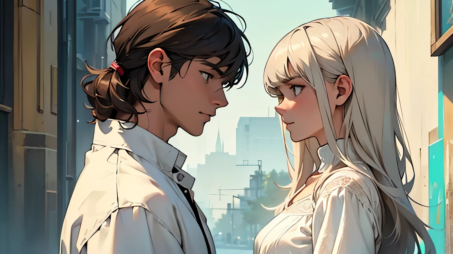 ((best quality)), ((work of art)), ((detailed)), young man with short white hair, casual clothing, in profile, staring at woman with long brown hair, bangs, wearing a white dress with a neckline, also in profile, staring back