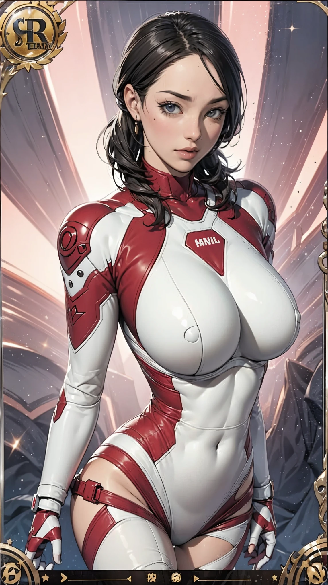 (masterpiece:1.2, Highest quality),(Very detailed),8K,wallpaper,1 female,Mature Woman,48 years old,sentai heroine pink,Muscular,((White metallic squadron suit)),(((Better Hands))),((The background is Galaxy Flash)),Random hairstyle,Random Pause,(((Beautiful female hands,detailed drawing of a hand))),cyber punk,((Beautiful trading cards,gold framed))