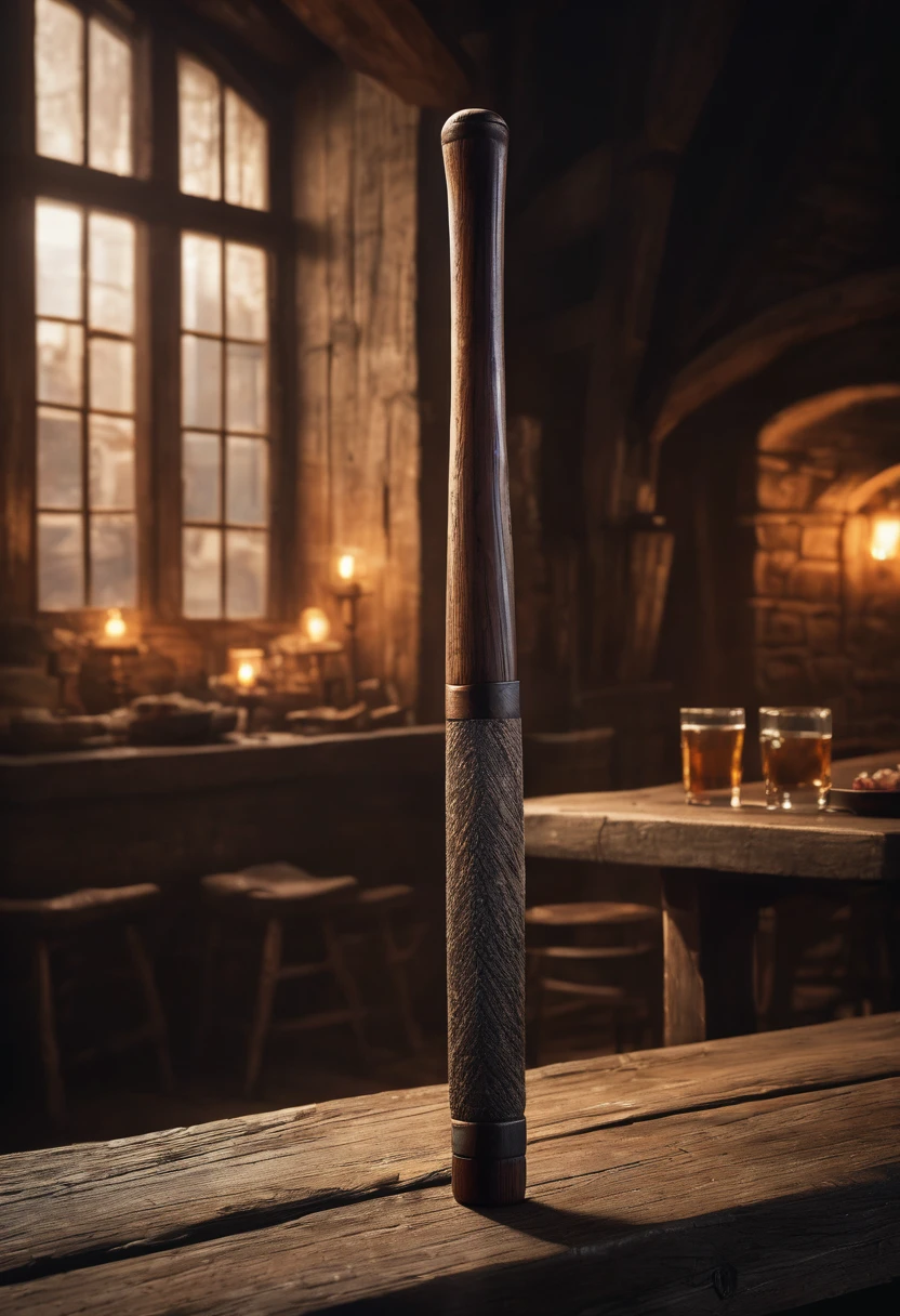 A weathered, handcrafted wooden club resembling a baseball bat rests on a rough-hewn table inside a dimly lit medieval tavern. The realistic depiction in stunning 8K resolution highlights every knot and grain in the wood, enhancing the rustic feel. The rich earthy tones of the scene evoke a sense of history and authenticity, with the cinematic quality pulling viewers into the gritty atmosphere of the setting.