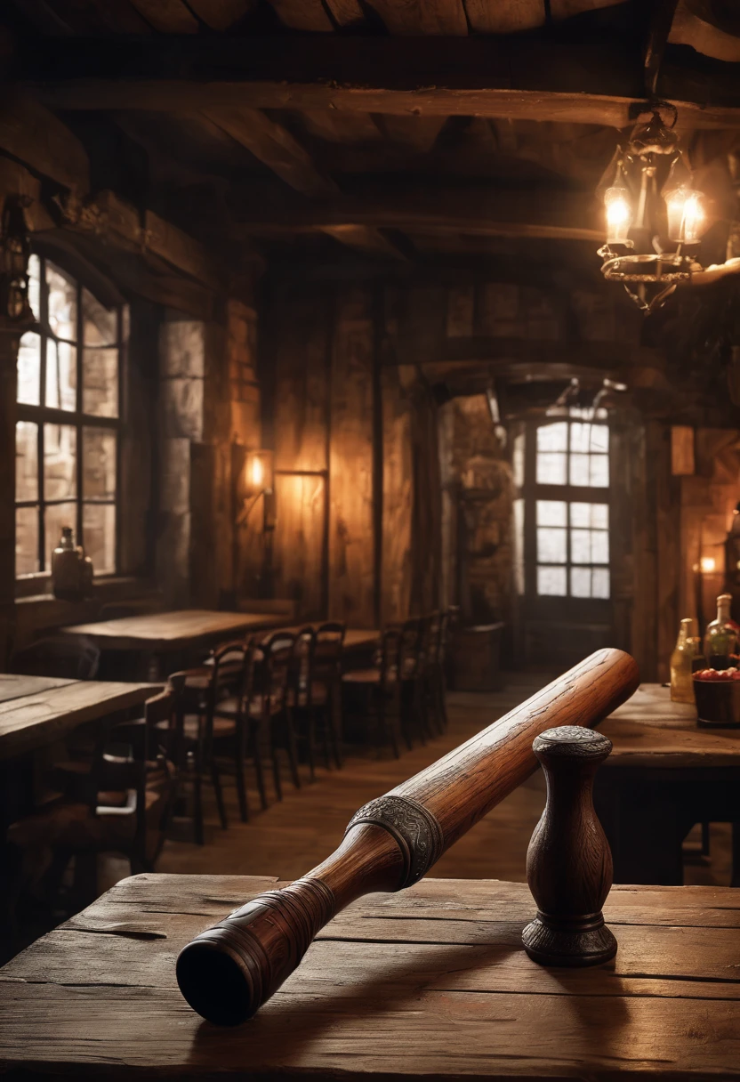 A weathered, handcrafted wooden club resembling a baseball bat rests on a rough-hewn table inside a dimly lit medieval tavern. The realistic depiction in stunning 8K resolution highlights every knot and grain in the wood, enhancing the rustic feel. The rich earthy tones of the scene evoke a sense of history and authenticity, with the cinematic quality pulling viewers into the gritty atmosphere of the setting.