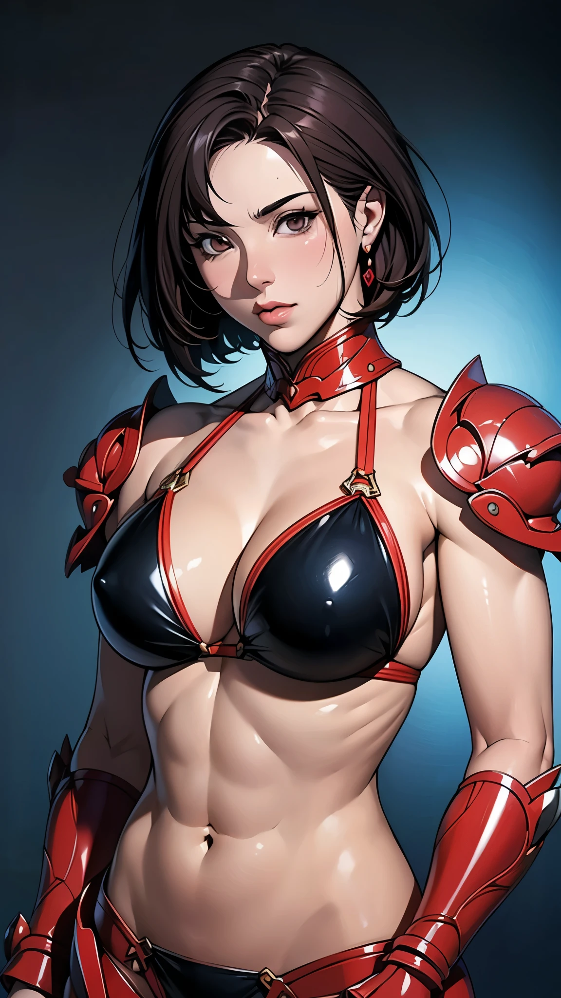 Close up portrait of woman in black bikini holding sword, knights of zodiac girl, portrait knights of zodiac girl, Woman with short red hair, Brown-eyed woman, Muscular woman, feminine and muscular, In garnet armor, Bikini Armor Girl, Woman in belly button costume, huge tit, with large breasts, oppai, seductive princess knight, Smooth Anime CG Art, Princess Knight, princess intergalactica, big muscle, Princess of Garnet, Garnet reflective armor, digital manga art, High quality anime art style,