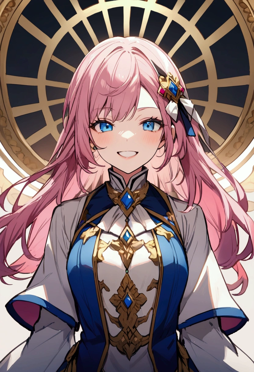 noble、Pink Hair、blue eyes、Grin、Upper Body