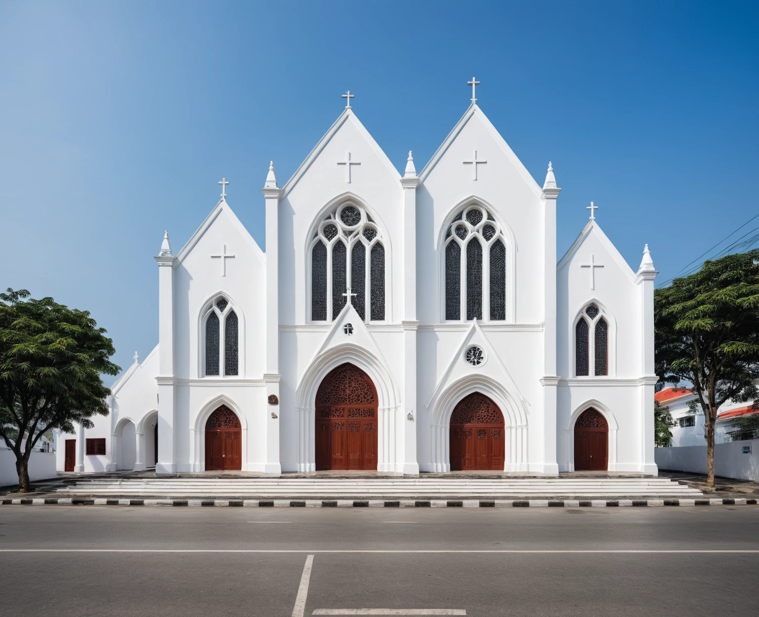 raw photo, best quality, ultra realistic, masterpiece, best quality skin, photography hd, dslr,
tcs, httlvn,a modern church on vietnamese street, building, 3 arched window, white wall, cross, 
Daylight, 
Street view, 