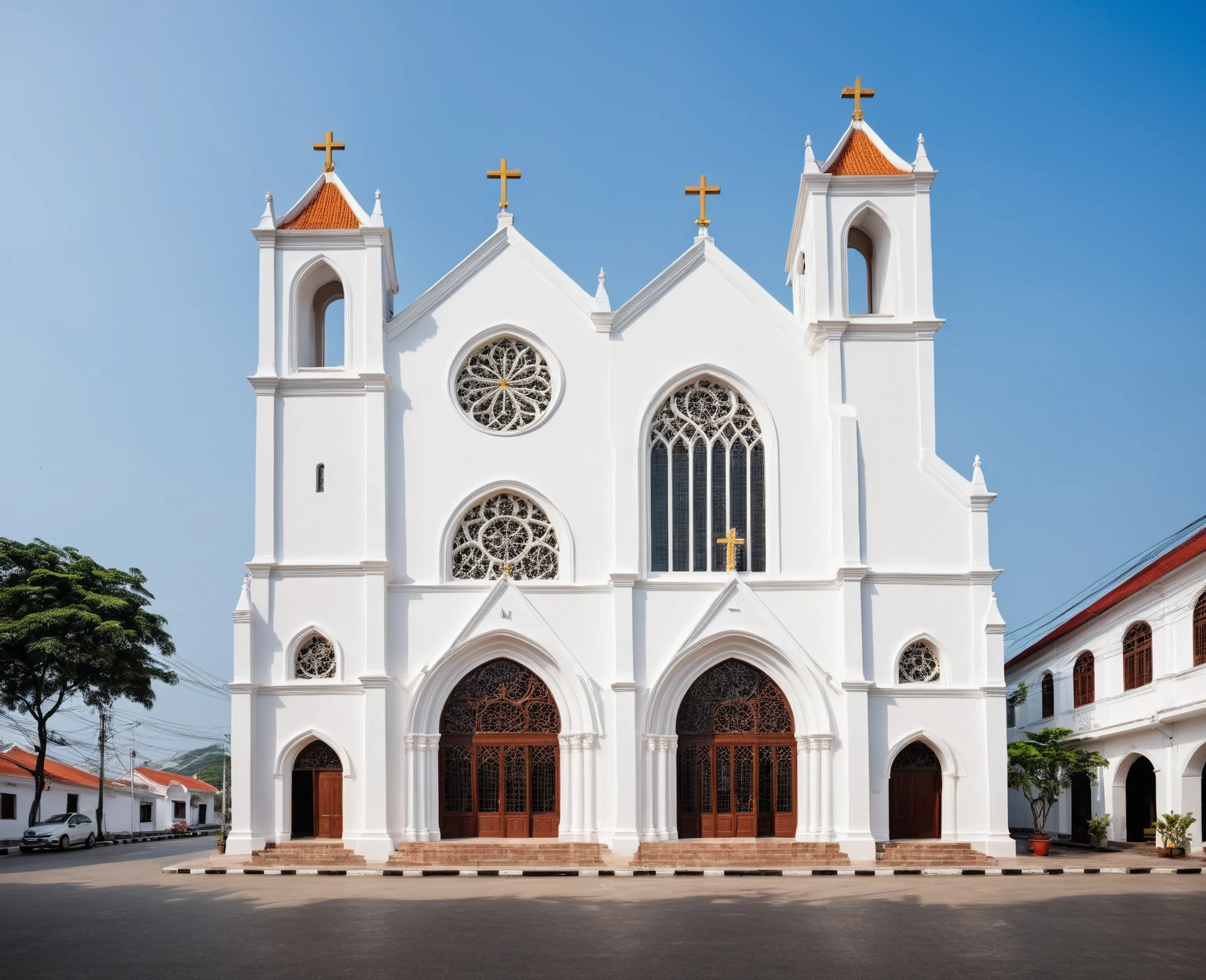 raw photo, best quality, ultra realistic, masterpiece, best quality skin, photography hd, dslr,
tcs, httlvn,a modern church on vietnamese street, building, 3 arched window, white wall, cross,
Daylight,
Street view,