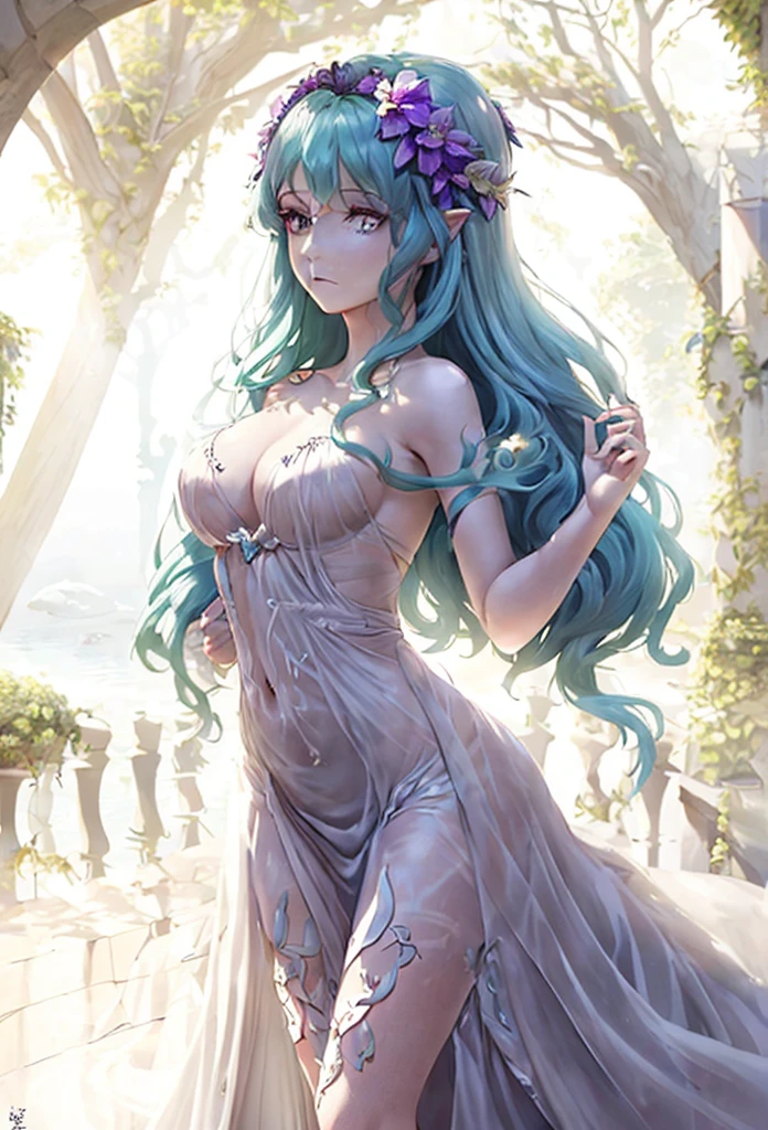 Colorie ce dessin d'une sirène avec un style réaliste avec robe transparente longue et sexy. Utilise des nuances de violet pour ses cheveux , en ajoutant des reflets et des ombres pour donner de la profondeur et de la texture. Pour sa peau, utilise des tons naturels, avec des dégradés subtils pour les ombres et les lumières. Les écailles sur son dos doivent être dorées ou cuivrées, avec des reflets métalliques pour les faire ressortir. Ajoute des détails réalistes aux éléments aquatiques, comme des gouttes d'eau sur sa peau et des effets de lumière pour simuler un environnement sous-marin."