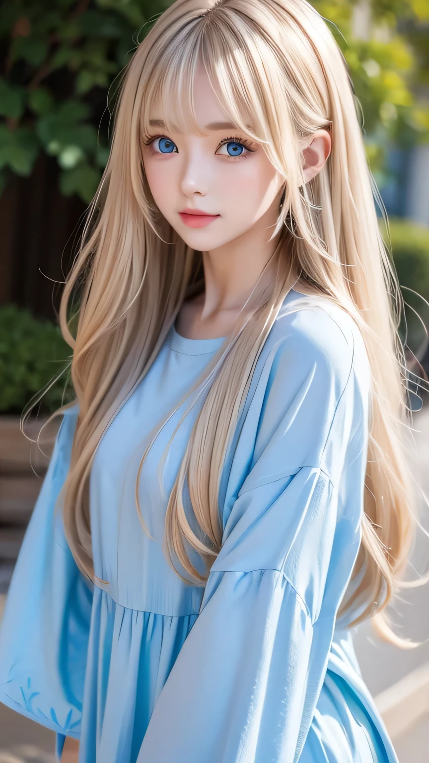 Very beautiful face、Super Long Hair、windy silky blonde super long hair、Swinging bangs、19 year old cute sexy blue eyed blonde girl、Hair above the eyes、片Hair above the eyes、Hair between the eyes、Big bright blue eyes that sparkle so beautifully、eyeliner、Bright expression、