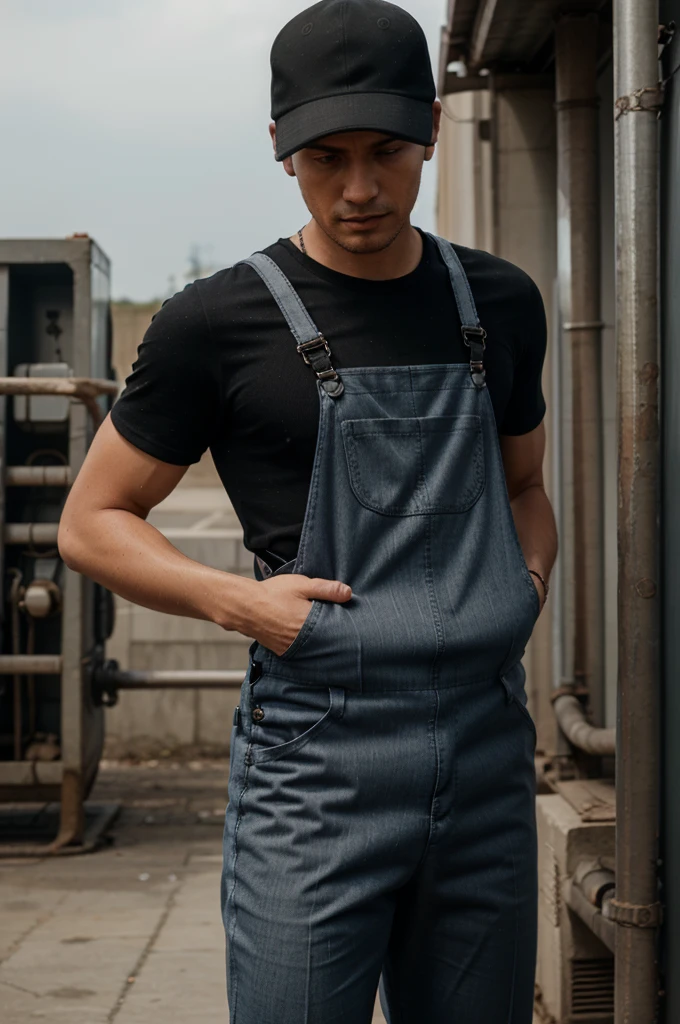 man wearing work overalls , black cap , hose