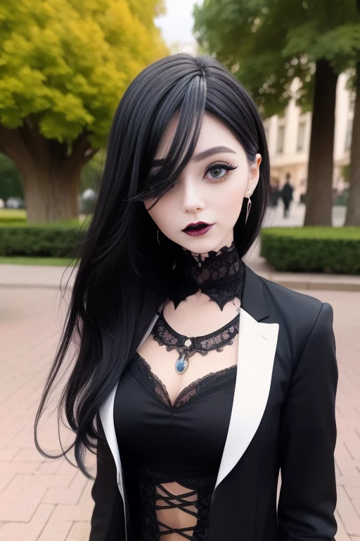 In a beautiful park a modern looking woman. It has a very colorful and striking kawaii gothic style.., with elegant makeup and a colorful wig.