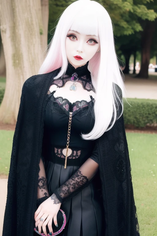 In a beautiful park a modern looking woman. It has a very colorful and striking kawaii gothic style.., with elegant makeup and a colorful wig.