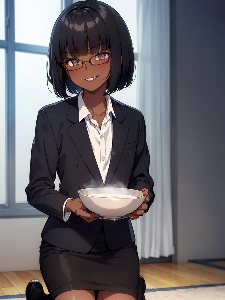 (1 boy:1.5),(dark skin:1.5),(masterpiece:1.2), highest quality, High resolution, unity 8k wallpaper, (fine and beautiful eyes:1.6), highly detailed face, perfect lighting, Detailed CG, (perfect hands, perfect anatomy),20 years old, (black hair:1.3), detailed eyes, best quality, extremely detailed, very precise detailed, (glasses:1.4), , (straight hair:1.5), (evil smile:1.4) ,long sidelocks, (blush:1.3),(very short bowl cut:1.4),(blunt bangs:1.4), (greaming skin:1.3),(on one knee:1.4),(flat chest),(business suit),(open mouth),pencil Skirt
