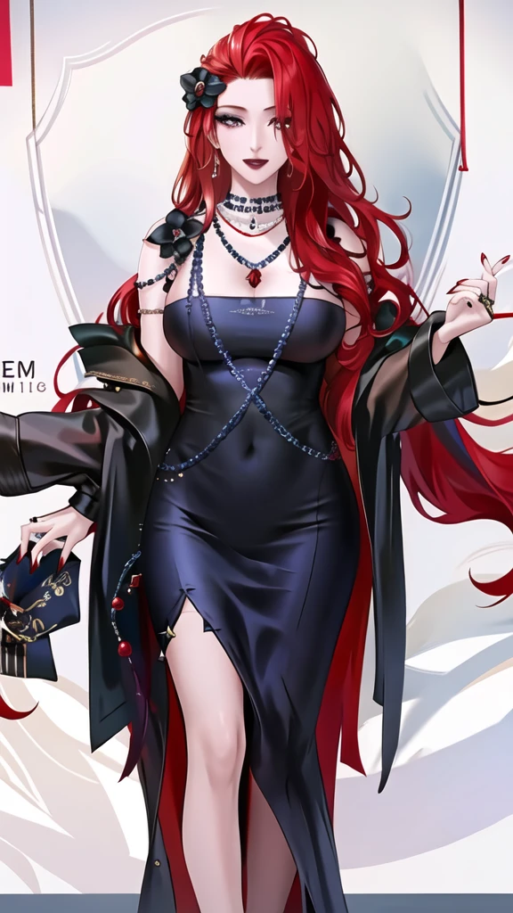 at the seaside,1 Girl, Jewelry, Red hair, Solitary, necklace, Long hair, earrings, Mole under mouth, Red nails, flower瓣, Red lips, Hair accessories, flower, black flower, pearl necklace, portrait, Lipstick, cosmetic, Gray eyes, Nail polish, gem,Open your mouth,Red lips,,Huge breasts, (Glowing skin),(Mature female:1.2),Cabernet Sauvignon,,Visible throughout the body,Perfect legs,High heel